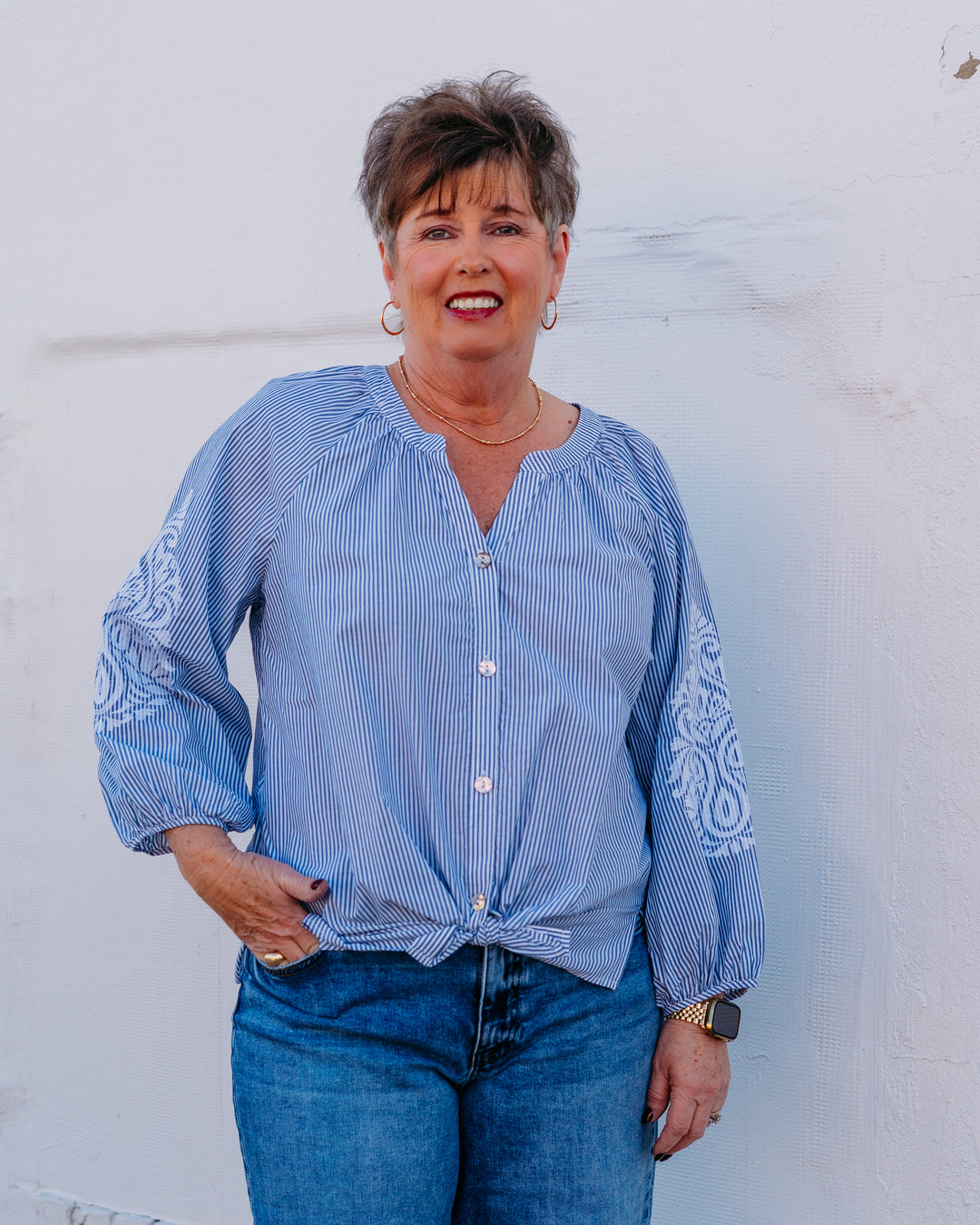 Multiples: 3/4 Raglan Slv Band Collar Bttn Frt Tie Waist Shirt in Chmbblu (M16506BM) - The Vogue Boutique