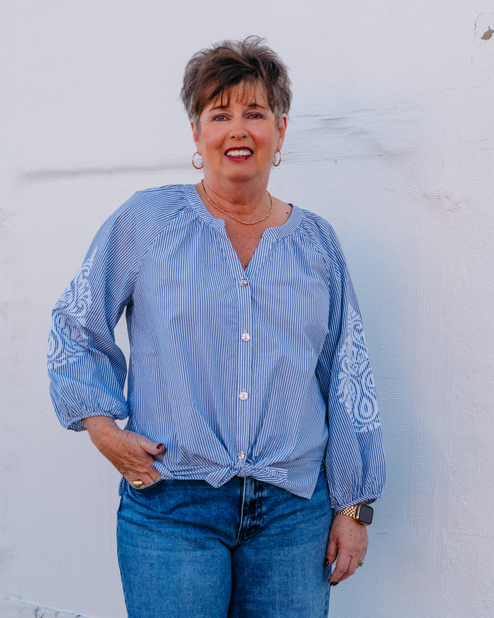 Multiples: 3/4 Raglan Slv Band Collar Bttn Frt Tie Waist Shirt in Chmbblu (M16506BM) - The Vogue Boutique