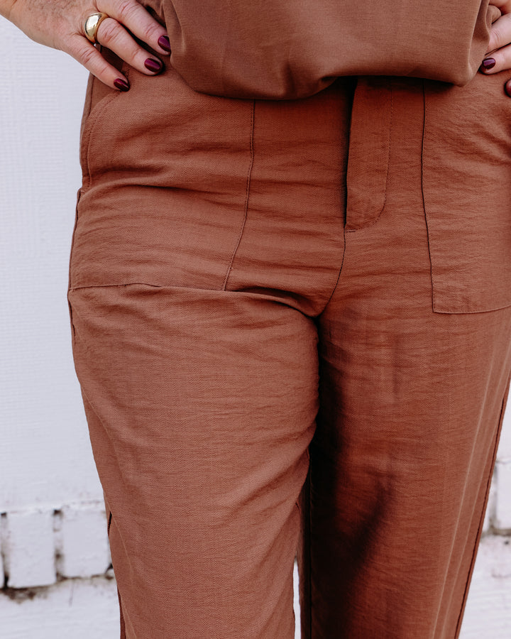 Multiples: Zip and Button Front Elastic Back Woven Ankle Pant with Real Front Pockets in Cocoa (M36512PM)