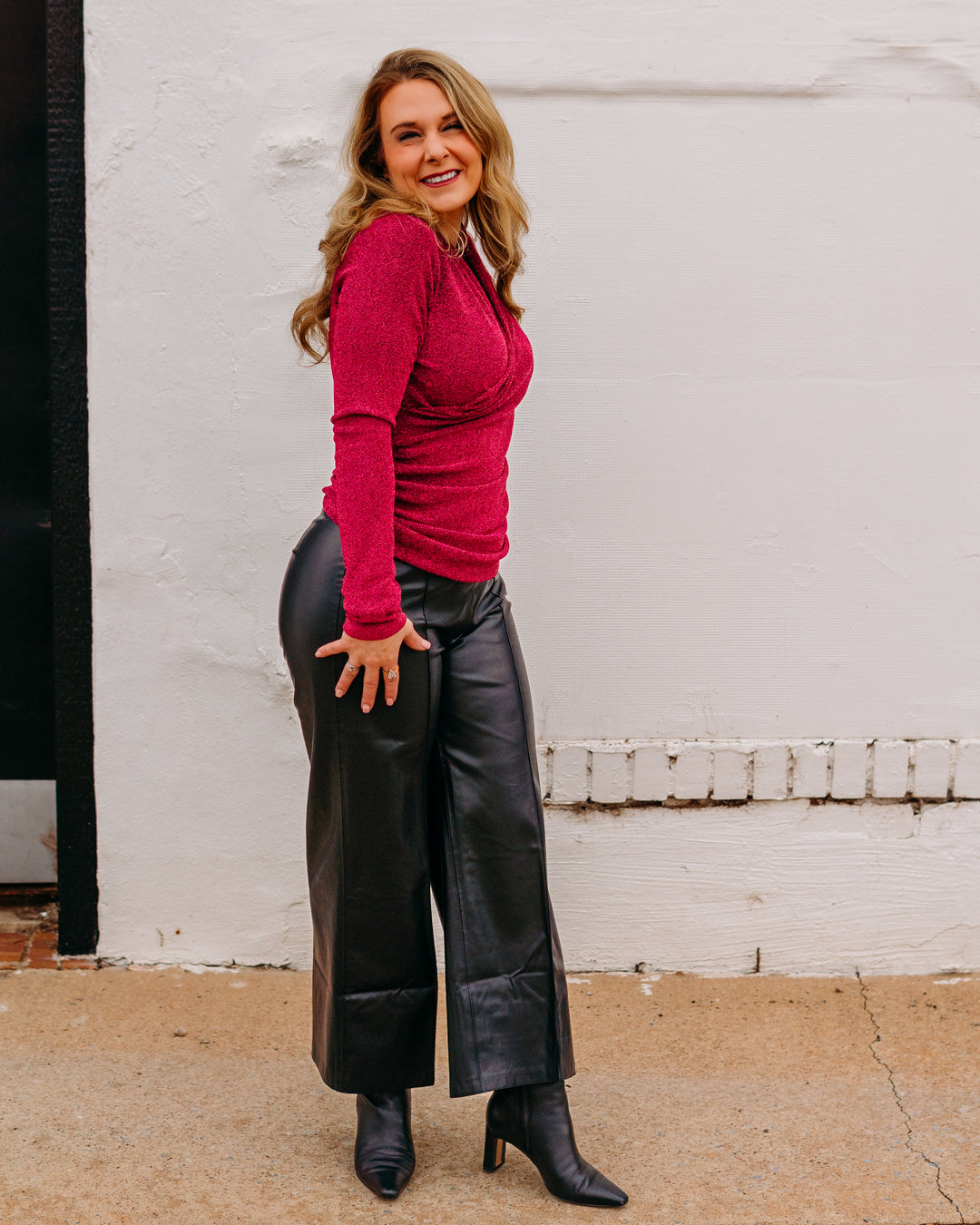 Karen Kane: Crossover Shirred Side Top in Magenta - The Vogue Boutique
