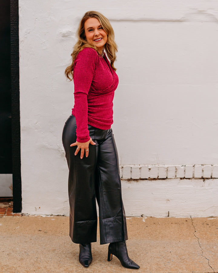 Karen Kane: Crossover Shirred Side Top in Magenta - The Vogue Boutique