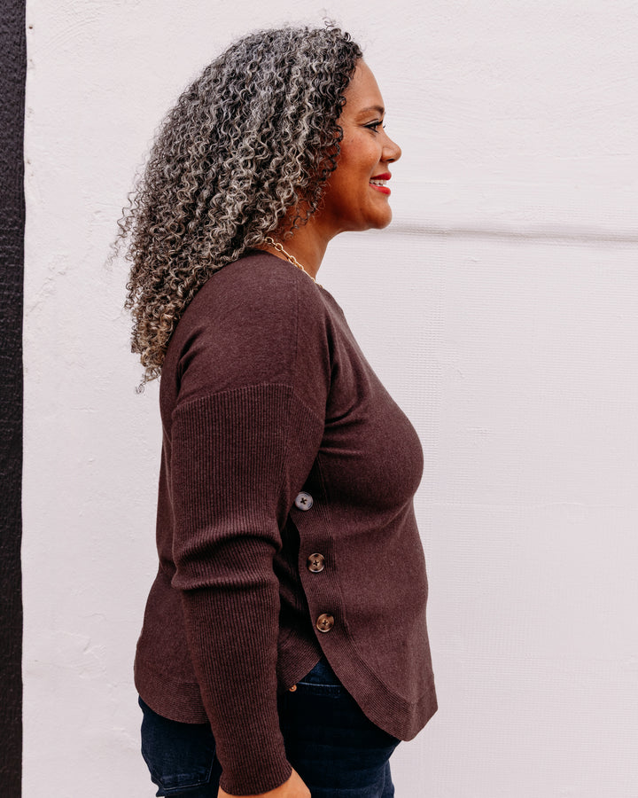 Charlie B: Long Sleeve Drop Shoulder Boat Neck Sweater With Side Buttons Detail in Café Chiné (C2871R)