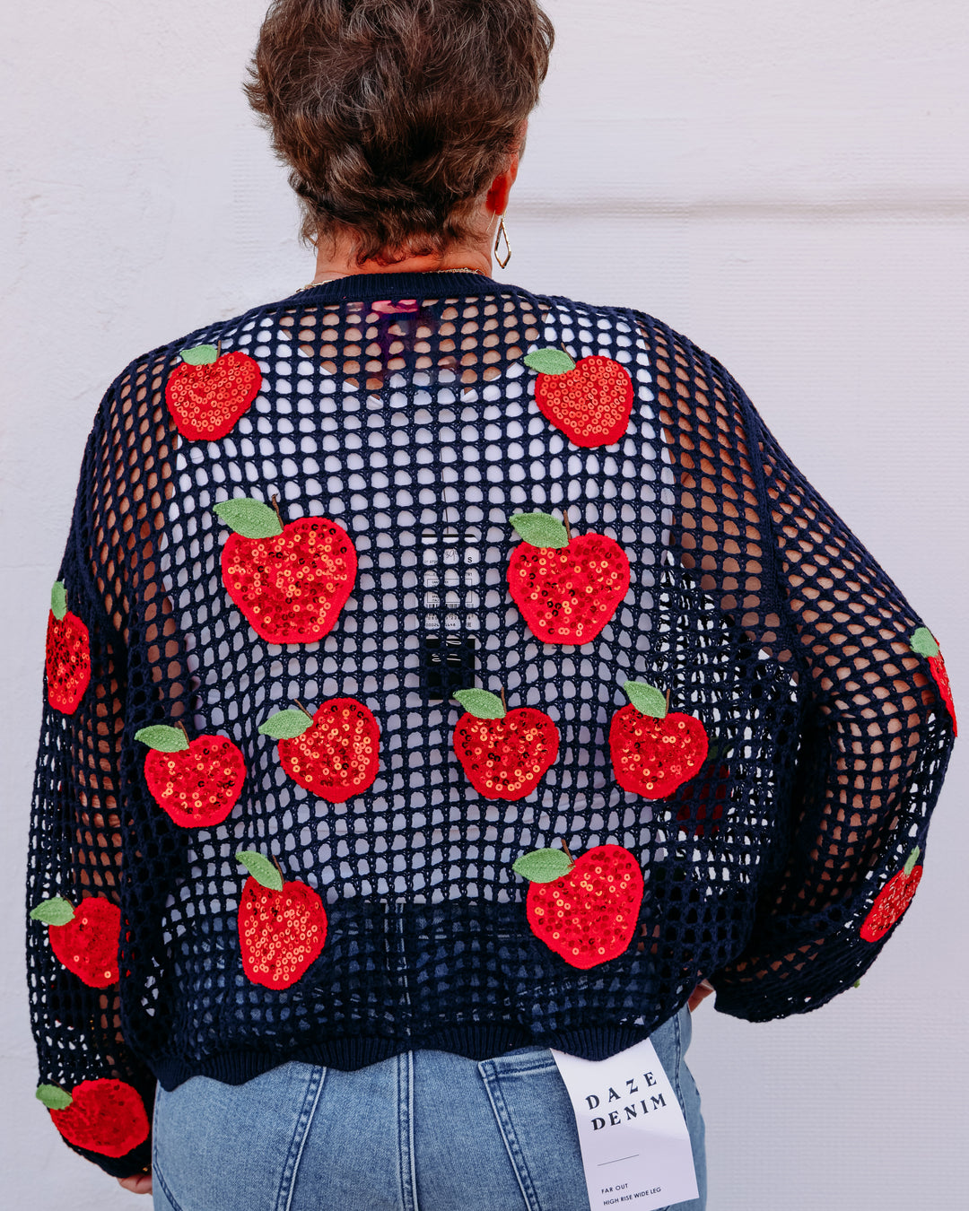 Queen Of Sparkles: Crochet Navy & Red Sequin Apple Button Up Sweater in Navy (FALL2673)