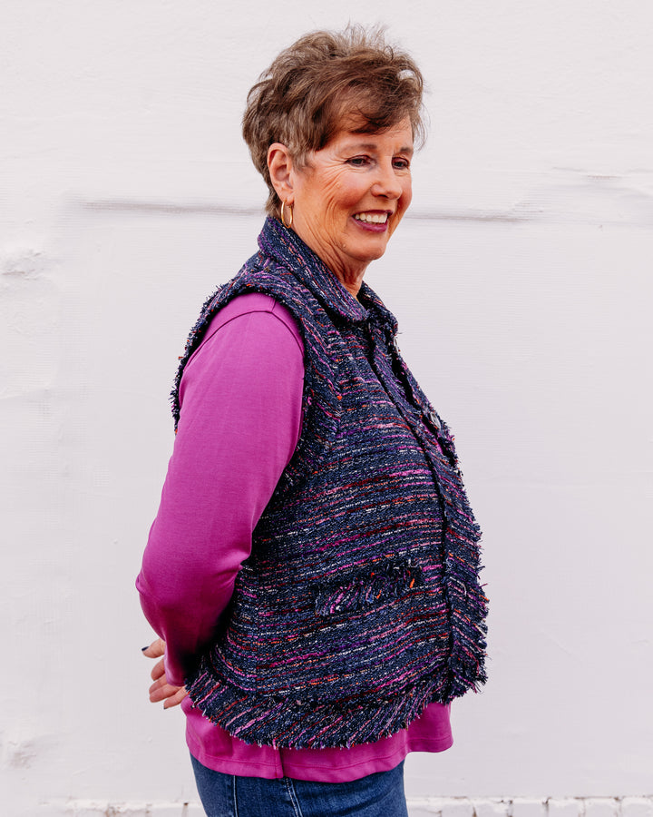Multiples: Woven Button Front Lined Vest in Multi (M46509VM)