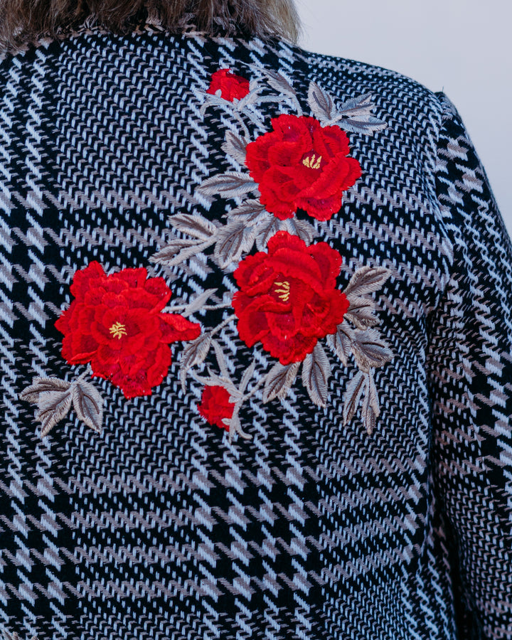John Mark: Plaid Tweed Coat With Fringe in White/Black J45655JM - The Vogue Boutique