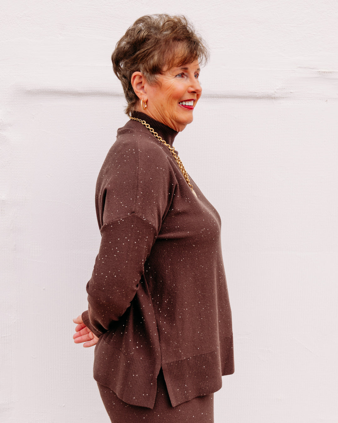 Joseph Ribkoff: Sequin Mock-Neck Sweater in Mahogany (264930)