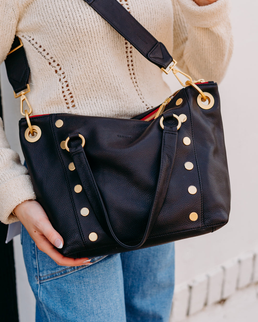 Hammitt: Daniel Med in Black/Brushed Gold Red Zip - The Vogue Boutique