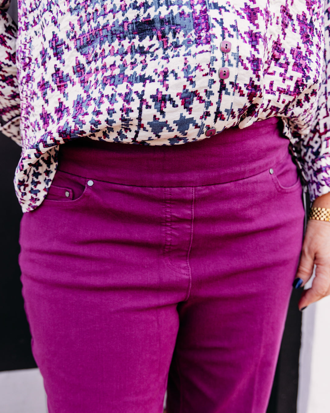 Multiples: Woven Fringe Hem Ankle Pant in Plum (M35714PM)