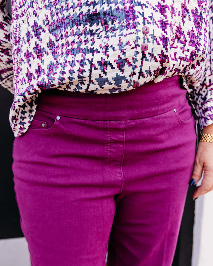 Multiples: Woven Fringe Hem Ankle Pant in Plum (M35714PM)
