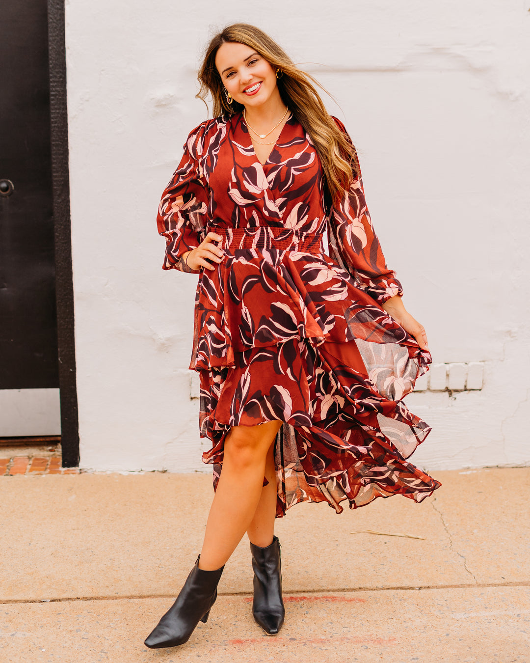 Steve Madden Bei Floral Long Sleeve Tiered High-Low Dress in Duberry at Nordstrom, Size Small