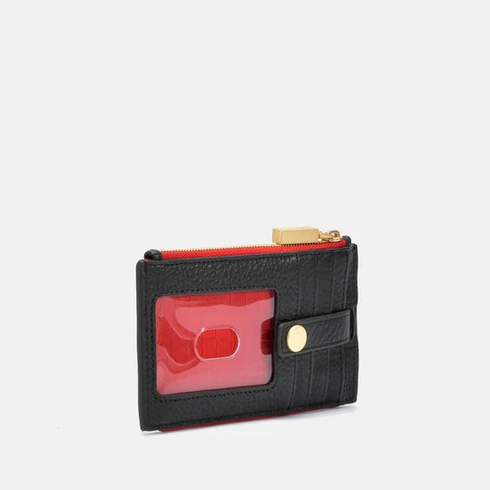 Hammitt 210 West card wallet in black leather with red zip and gold zipper pull