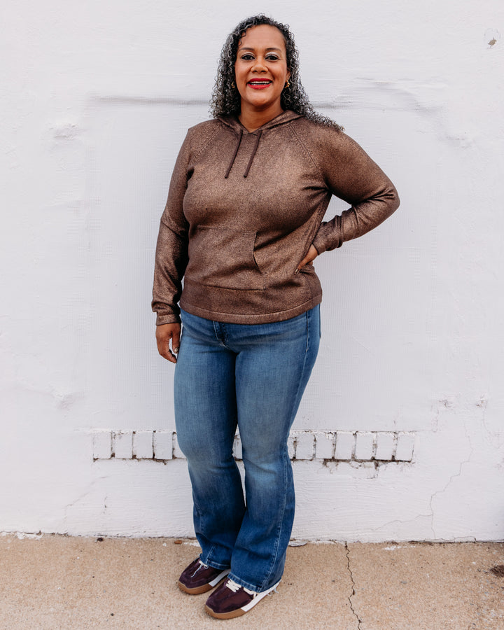 Charlie B: Foiled Raglan Sleeve Hoodie Sweater With Kangaroo Pocket in Cuivre (C2733RR)