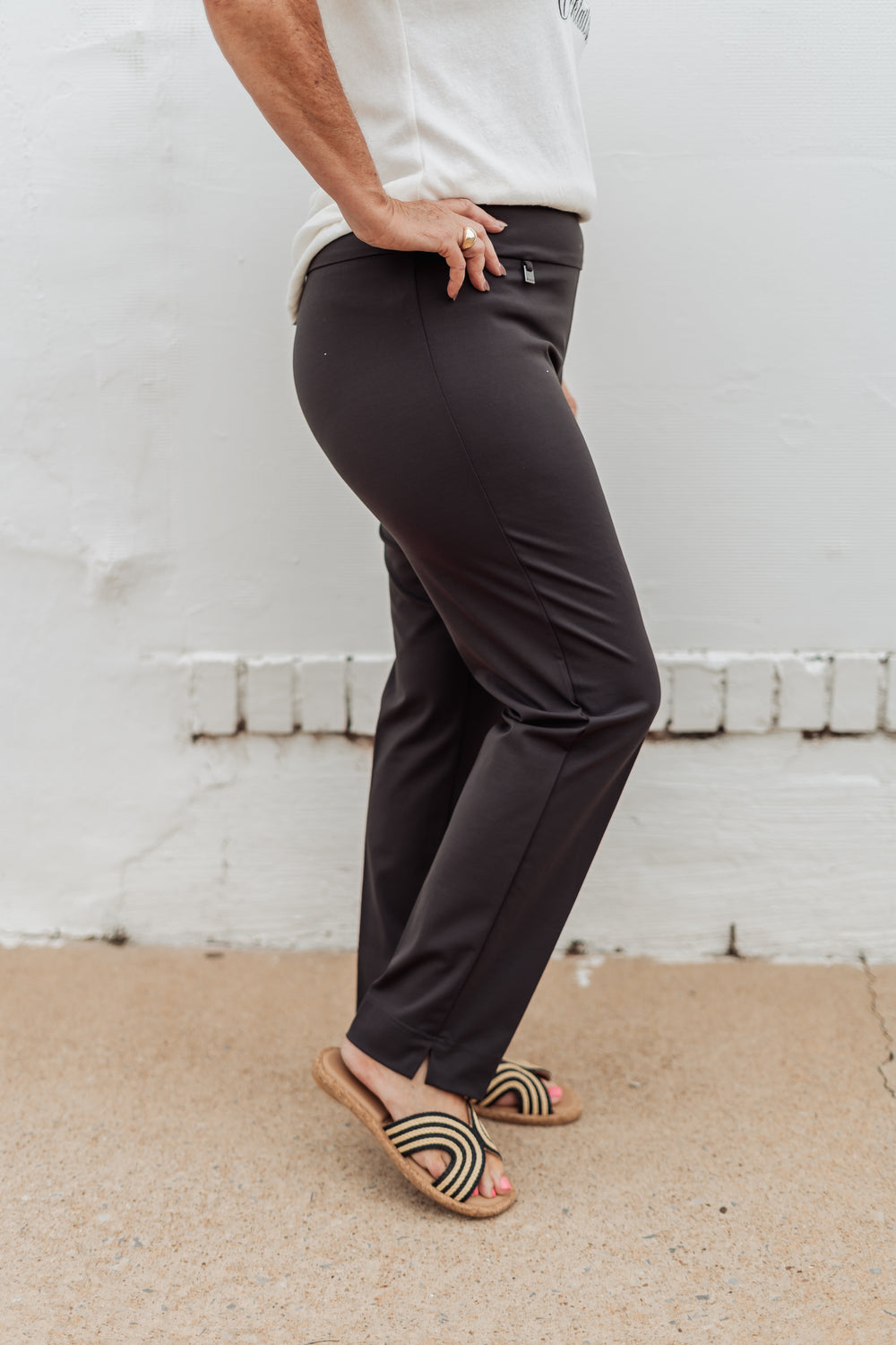 Multiples: Wide Band Elastic Waist Ankle Pant in Mid Grey (M48716PM) - The Vogue Boutique