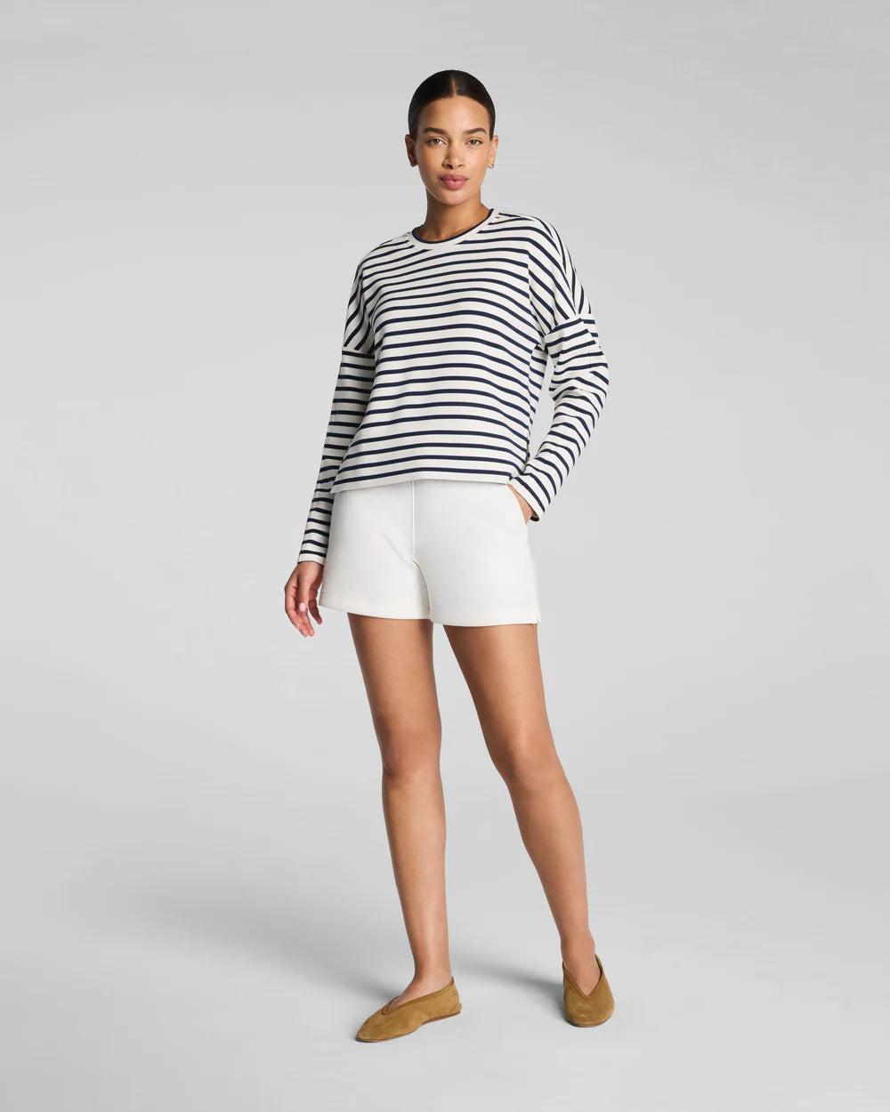 SPANX AIRESSENTIALS® CREWNECK LONG SLEEVE TOP IN YACHT STRIPED NAVY (228O7R)