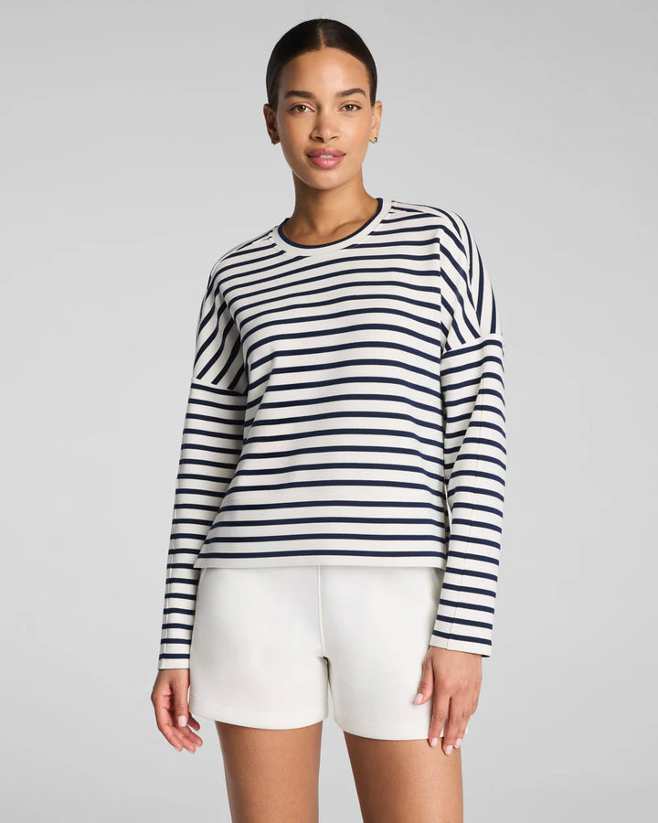 SPANX AIRESSENTIALS® CREWNECK LONG SLEEVE TOP IN YACHT STRIPED NAVY (228O7R)