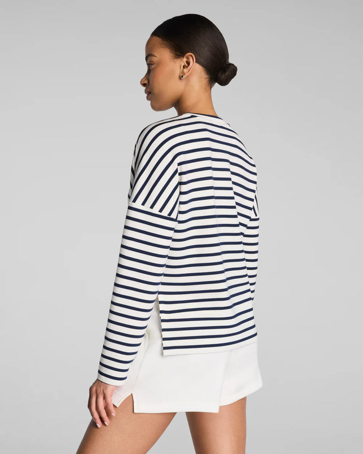SPANX AIRESSENTIALS® CREWNECK LONG SLEEVE TOP IN YACHT STRIPED NAVY (228O7R)