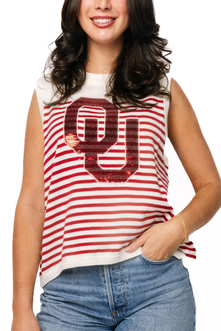 Queen Of Sparkles: Licensed Oklahoma Mascot Striped Knit Tank in Multi