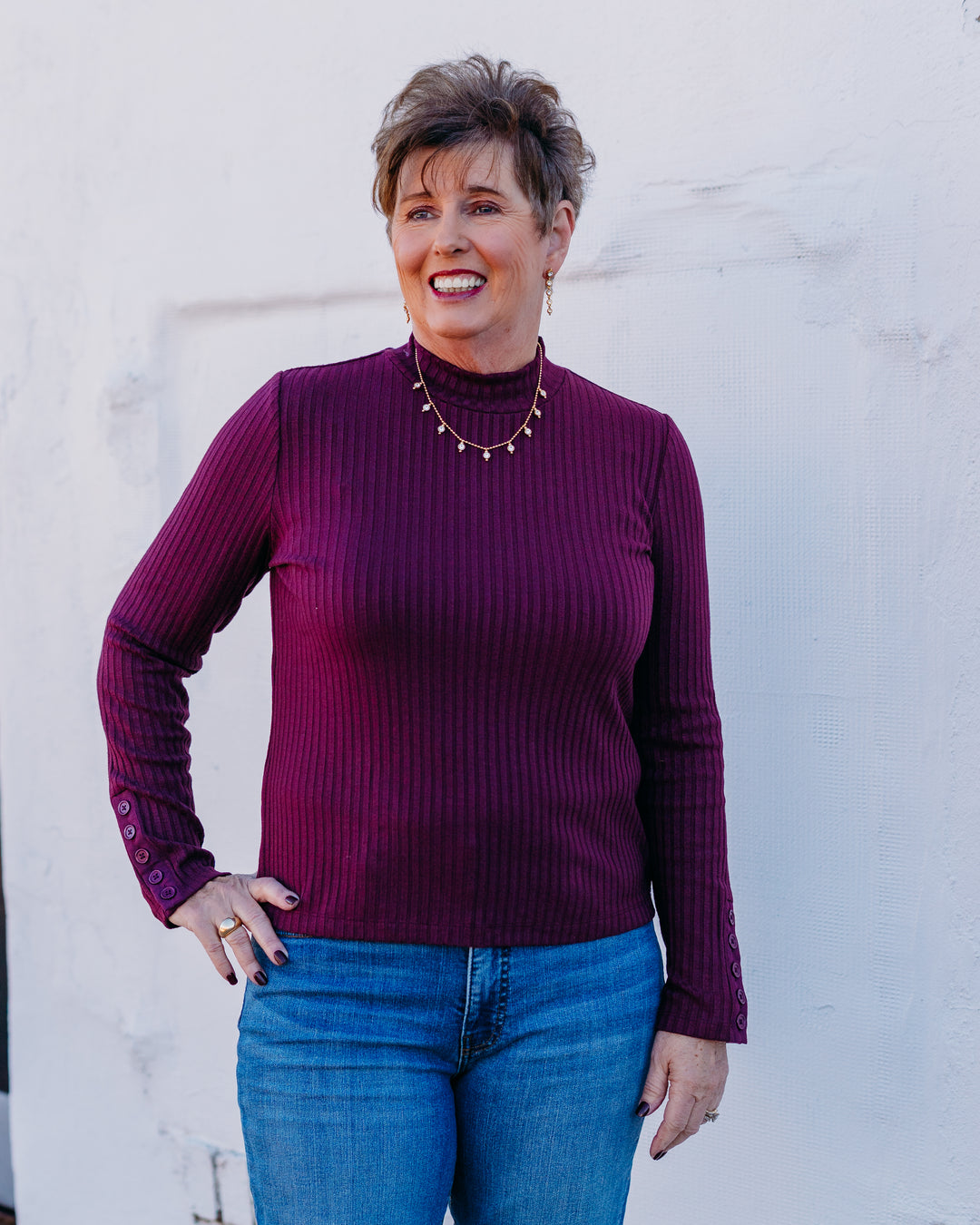 Liverpool: Long Sleeve Mock Neck Top with Button Detail in Wine Berry - The Vogue Boutique