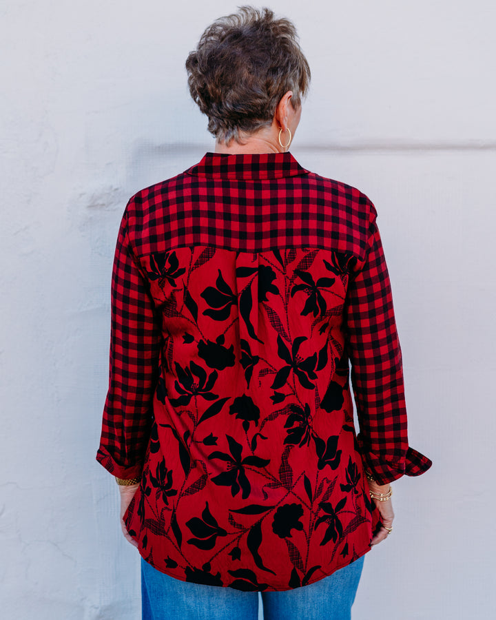 Multiples: Turn-up Cuff 3/4 Sleeve Button Front Woven Shirt in Multi (M45203BM) - The Vogue Boutique