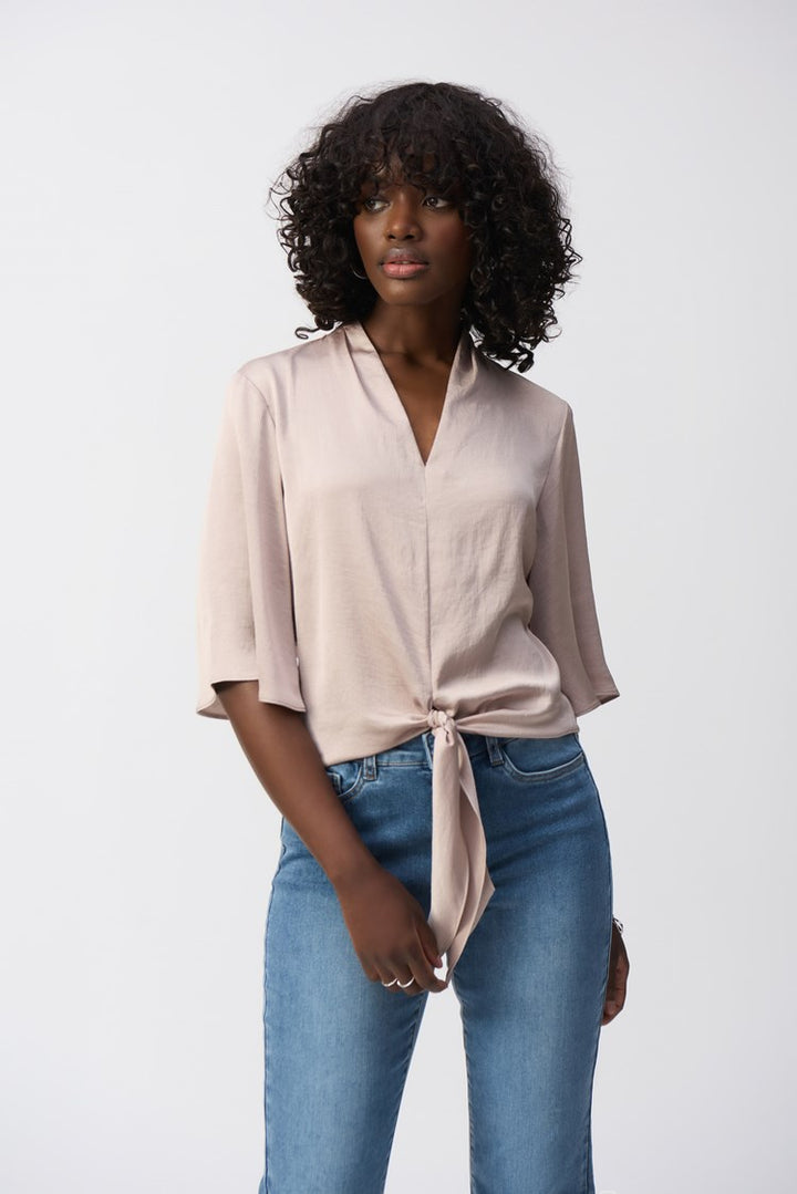 Joseph Ribkoff: Satin V-neck Top with Front Tie - The Vogue Boutique