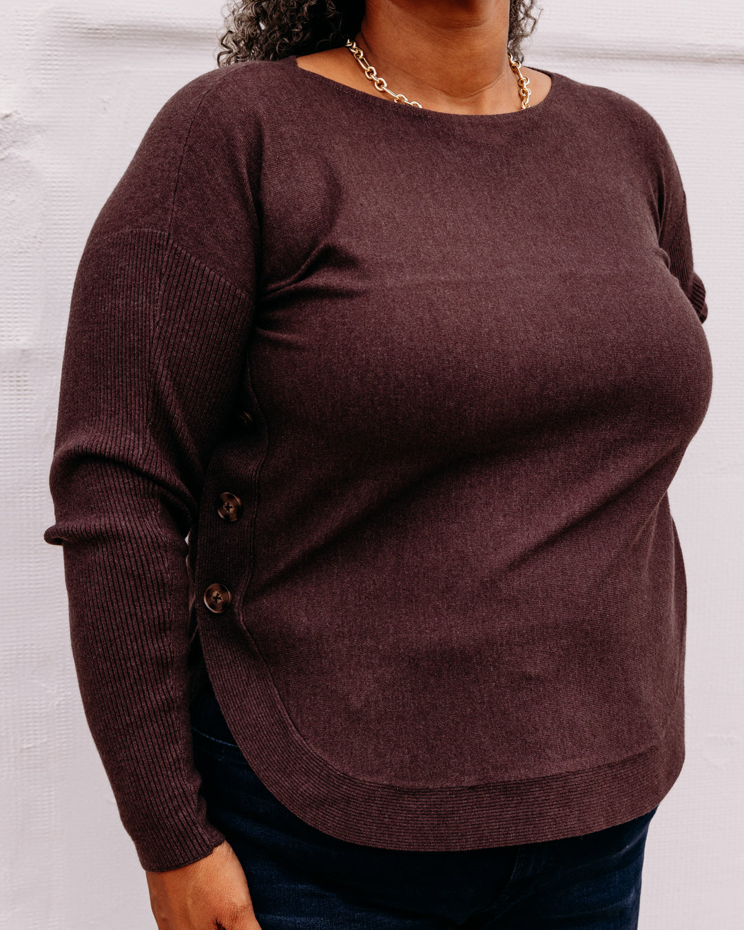 Charlie B: Long Sleeve Drop Shoulder Boat Neck Sweater With Side Buttons Detail in Café Chiné (C2871R)