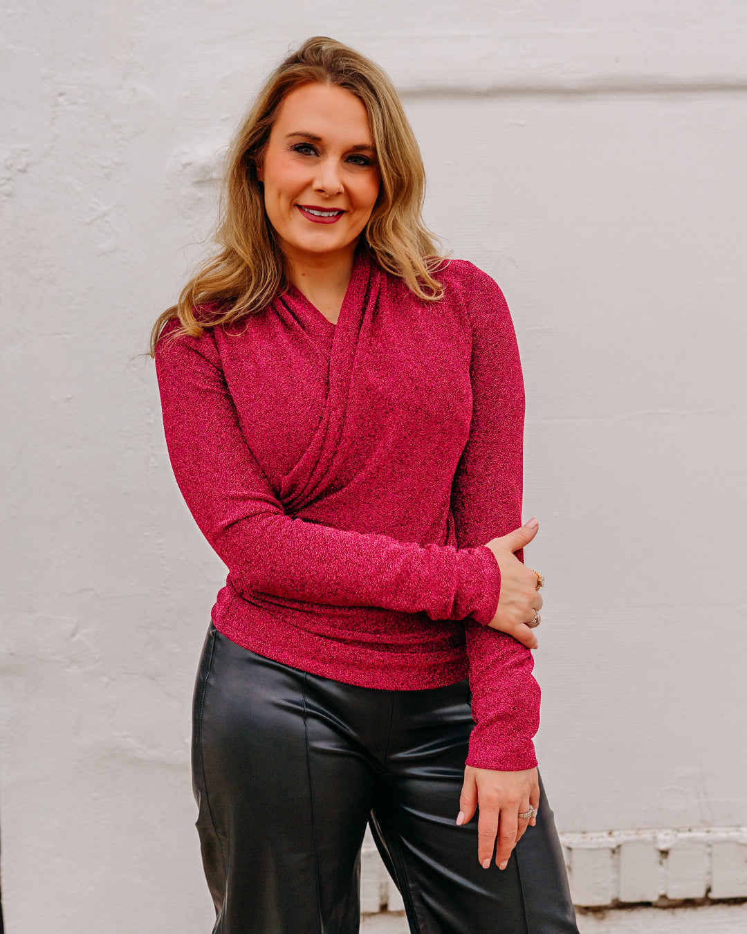 Karen Kane: Crossover Shirred Side Top in Magenta - The Vogue Boutique