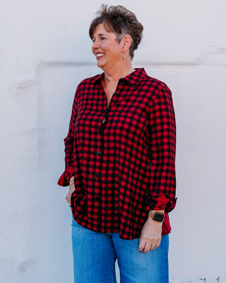 Multiples: Turn-up Cuff 3/4 Sleeve Button Front Woven Shirt in Multi (M45203BM) - The Vogue Boutique