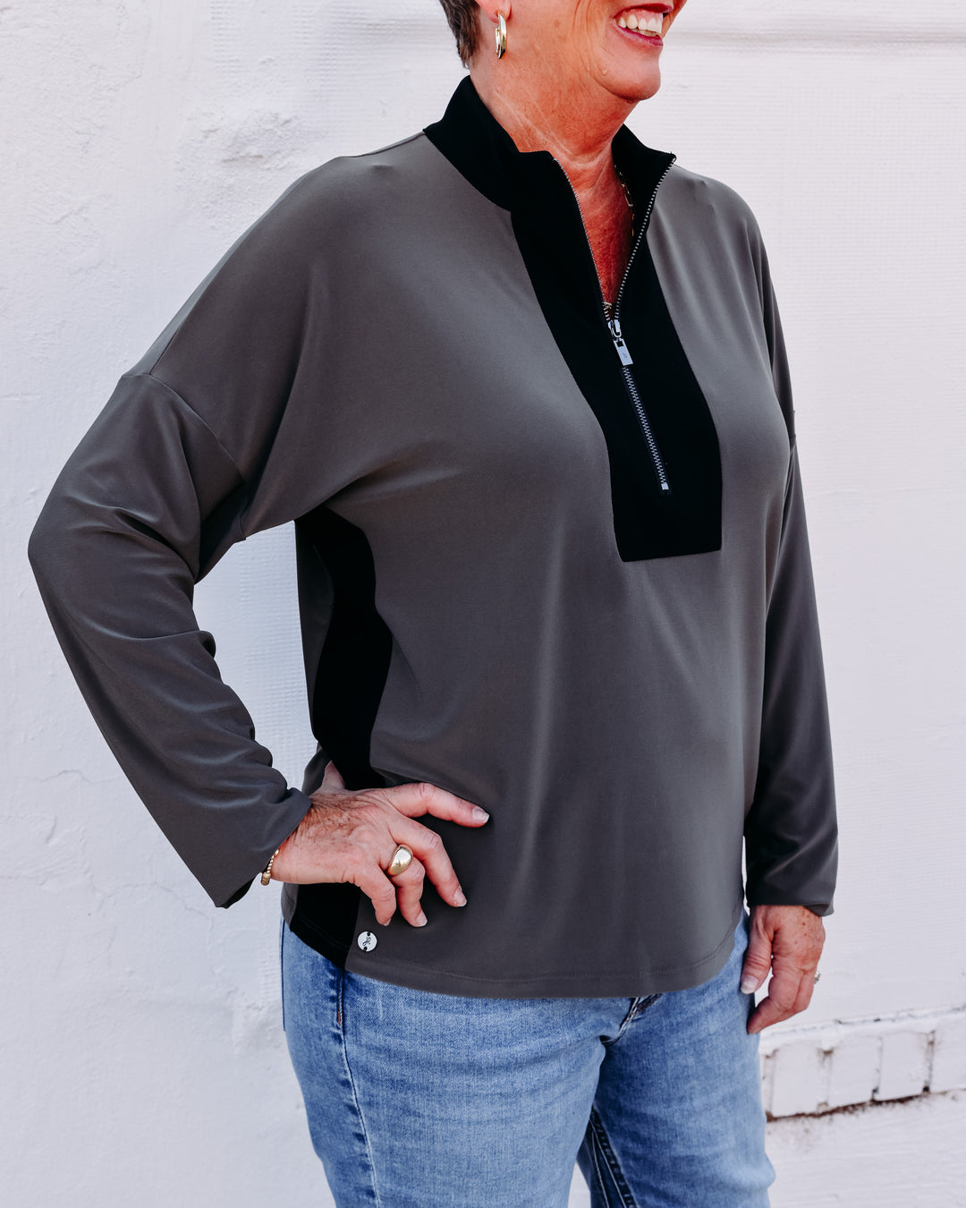Joseph Ribkoff: Silky Knit Color Block Straight Top in Avocado/Black (263606)