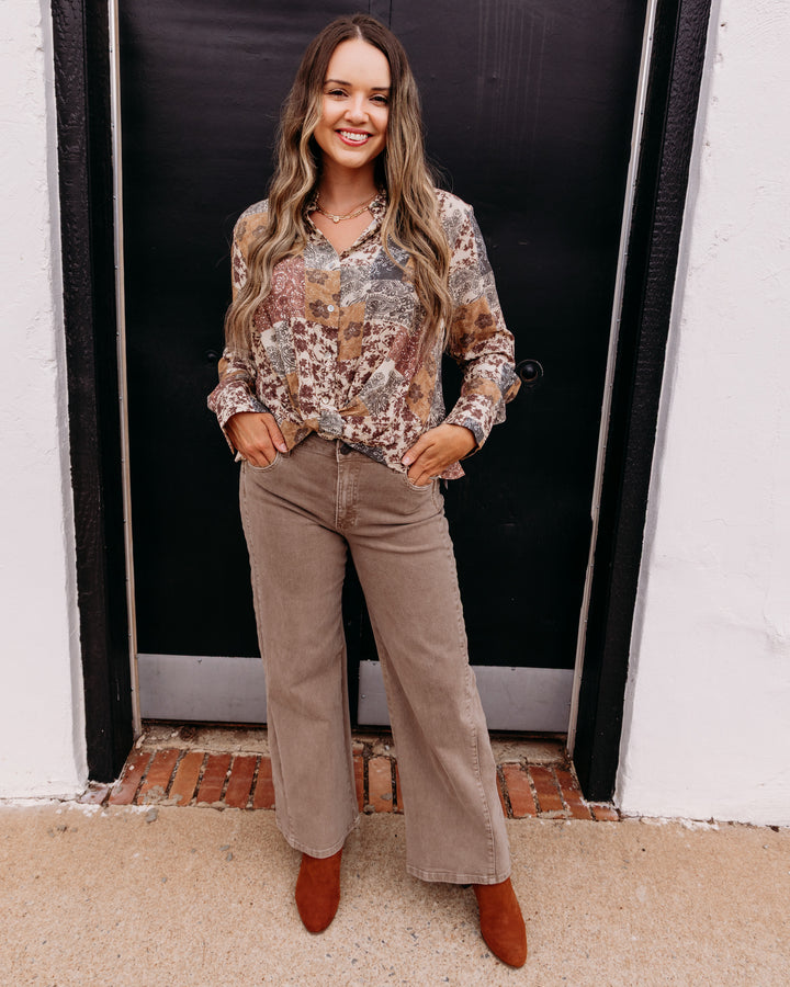 Charlie B: Printed Long Sleeve Shirt with Twisted Front in Édredon (C4551PP)