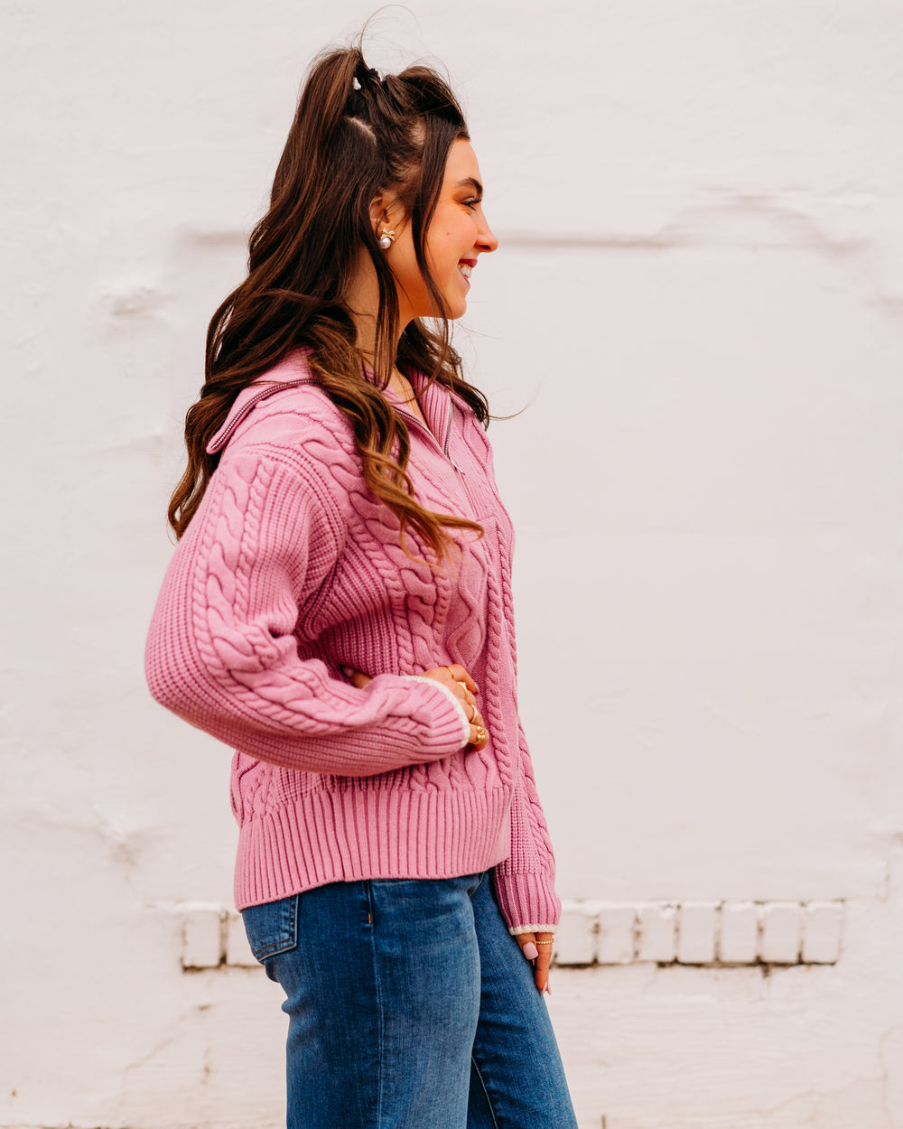 Varley: Didi Relaxed Cable Half Zip in Mauve Orchid - The Vogue Boutique