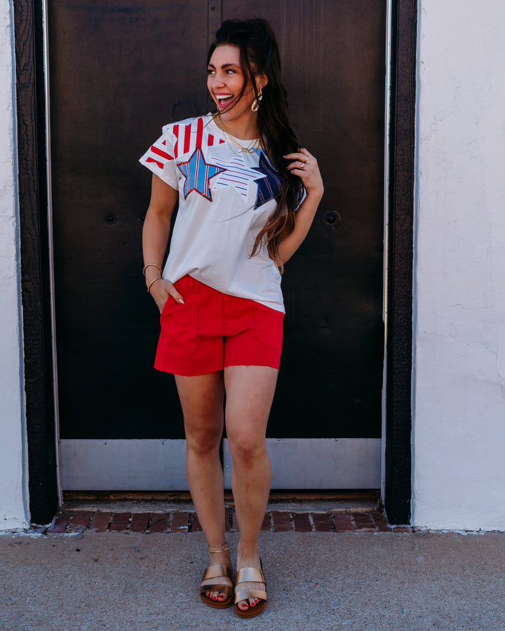 Queen Of Sparkles: White USA Stripe Patch Stars Tee in White (SUM26292)
