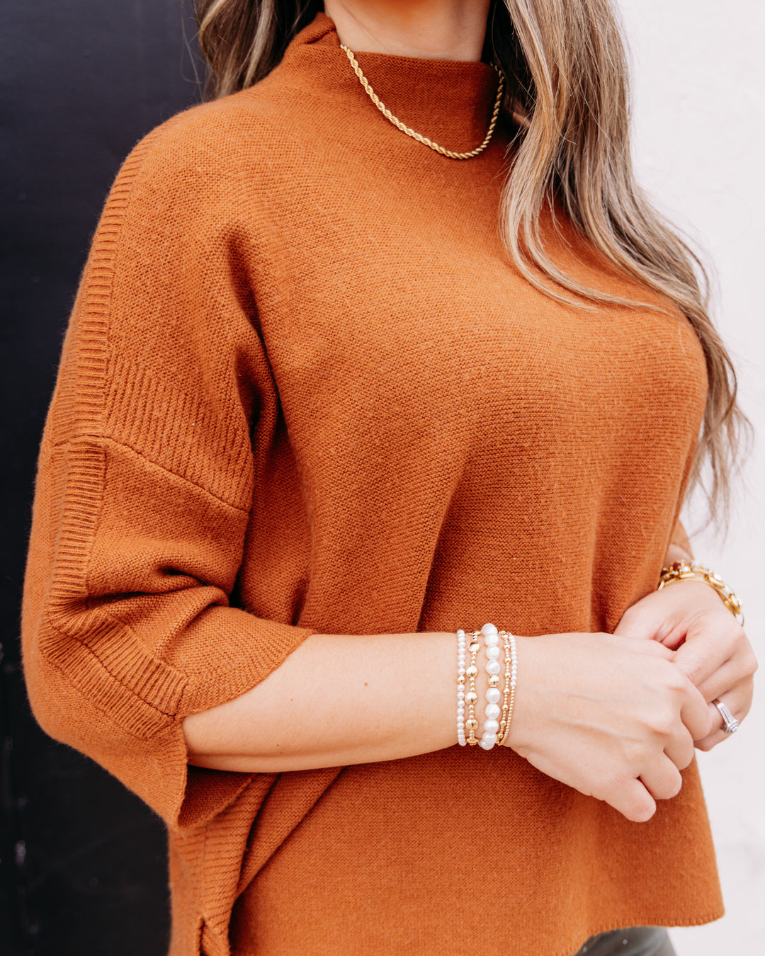 Multiples: 3/4 Sleeve Funnel Neck Sweater Top in Caramel (M46110KM)