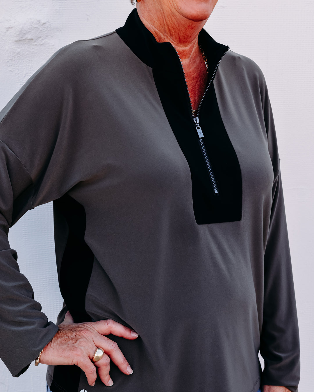 Joseph Ribkoff: Silky Knit Color Block Straight Top in Avocado/Black (263606)