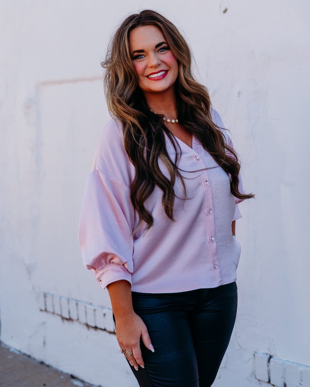 Karen Kane: Lantern Sleeve Satin Top in Pink  (4L11819) - The Vogue Boutique