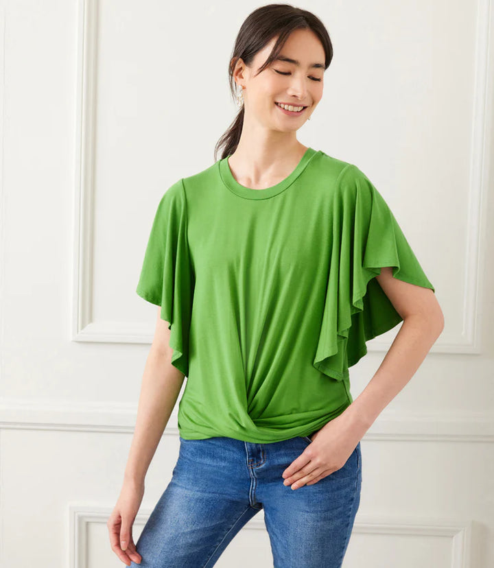 Karen Kane: Flutter Sleeve Drape Front Top in Green - The Vogue Boutique