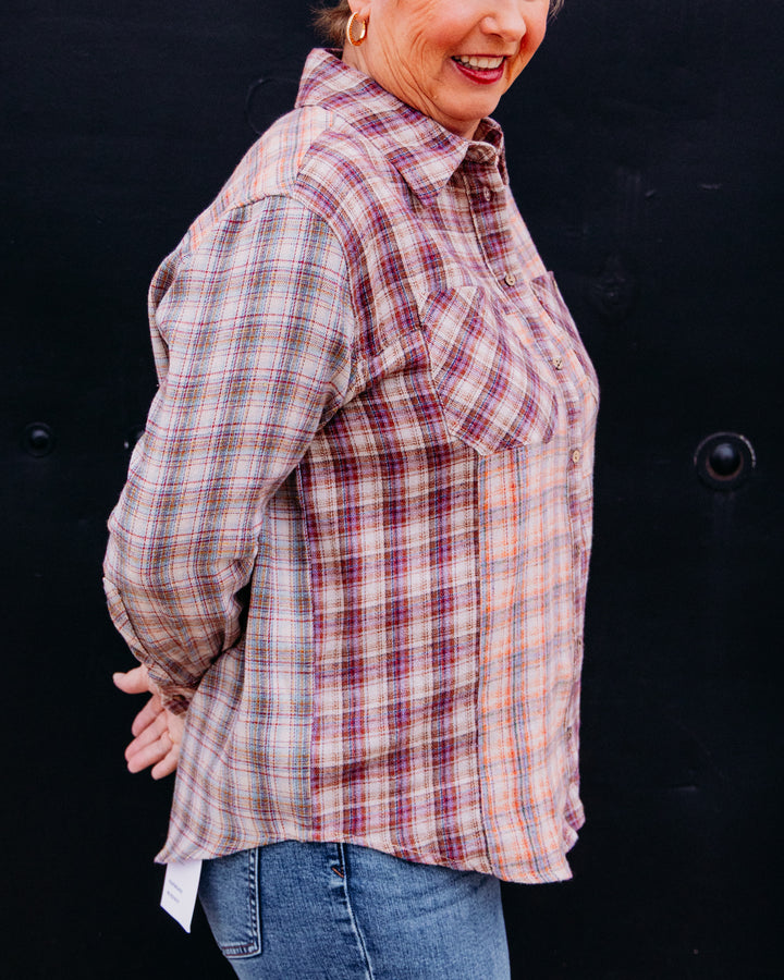 Tru Luxe: Woven Mixed Plaid Button Up Shirt in Plaid Multi(T46486BM)