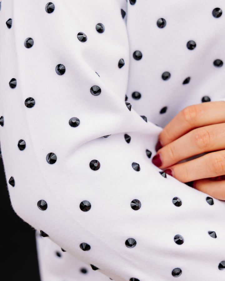 Queen of Sparkles: White & Black Poka Dot Multi Christmas Tree Mockneck Sweatshirt (HOLID26N230)