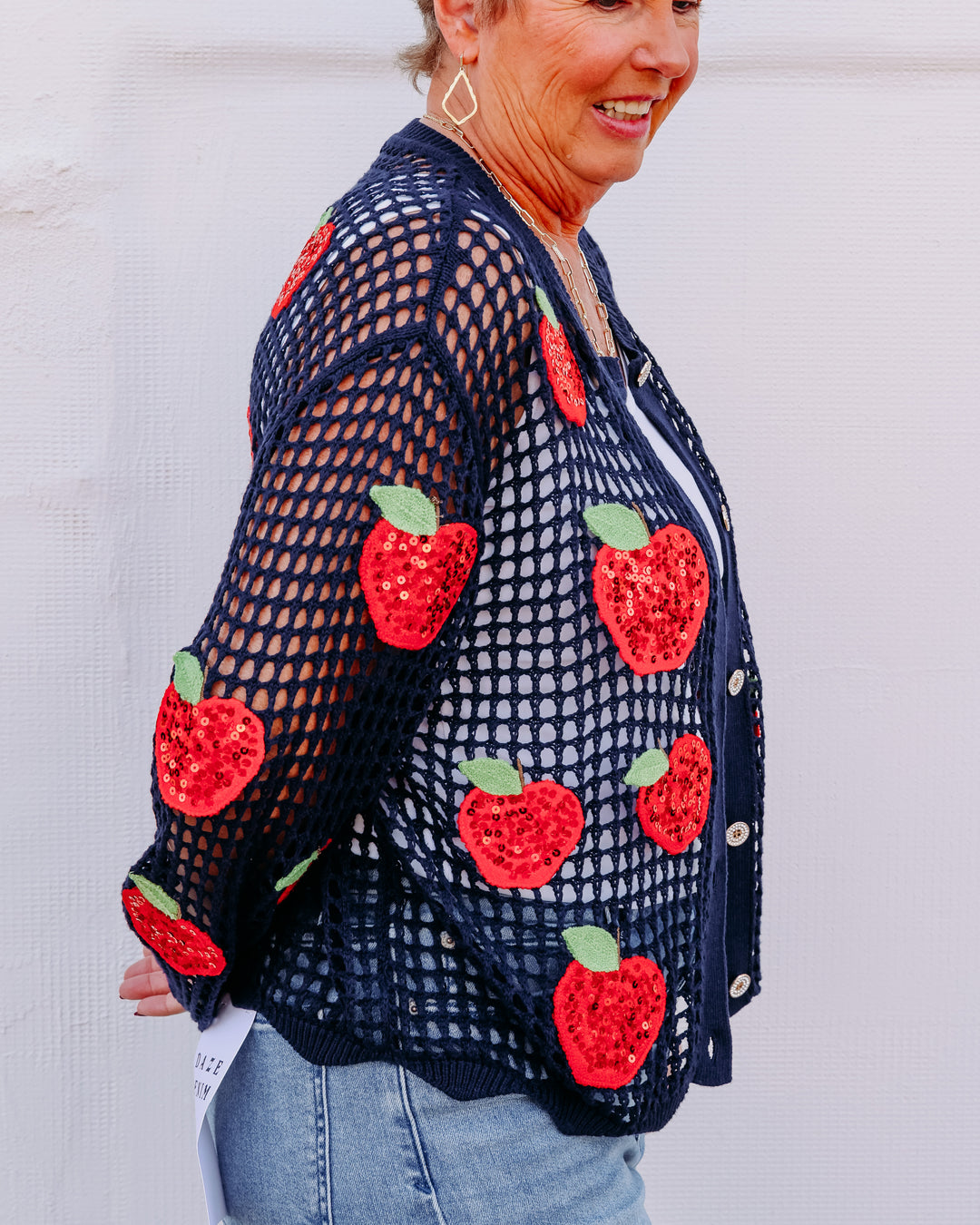 Queen Of Sparkles: Crochet Navy & Red Sequin Apple Button Up Sweater in Navy (FALL2673)