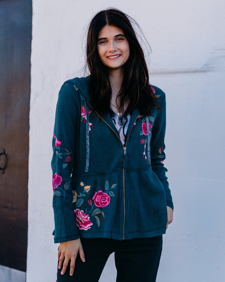 Johnny Was: Peplum Metallic Thermal Hoodie Rosilia in Metallic Emerald Mem - The Vogue Boutique