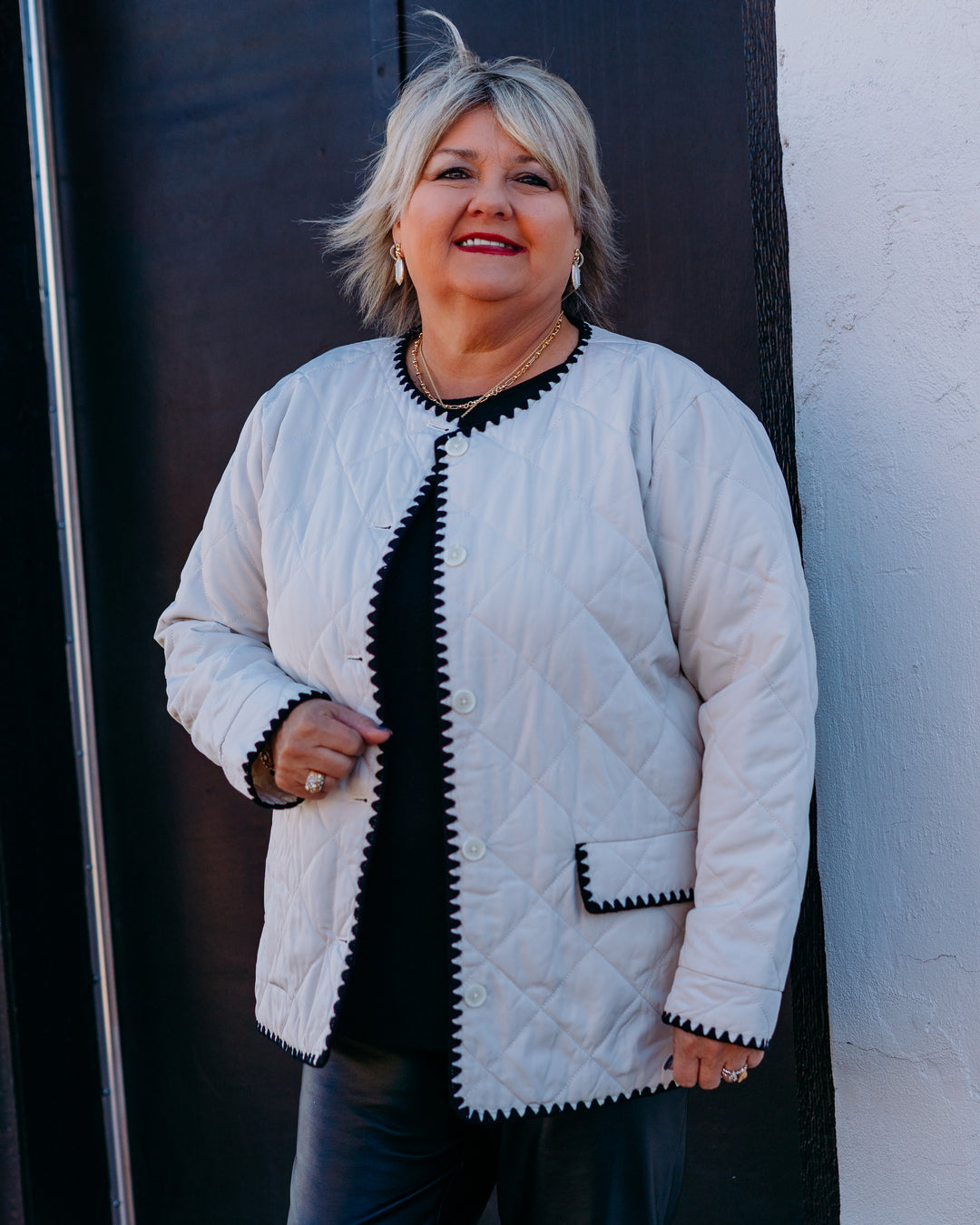 Karen Kane: Edge Stitch Quilted Jacket in Cream/Black (4L38000) - The Vogue Boutique
