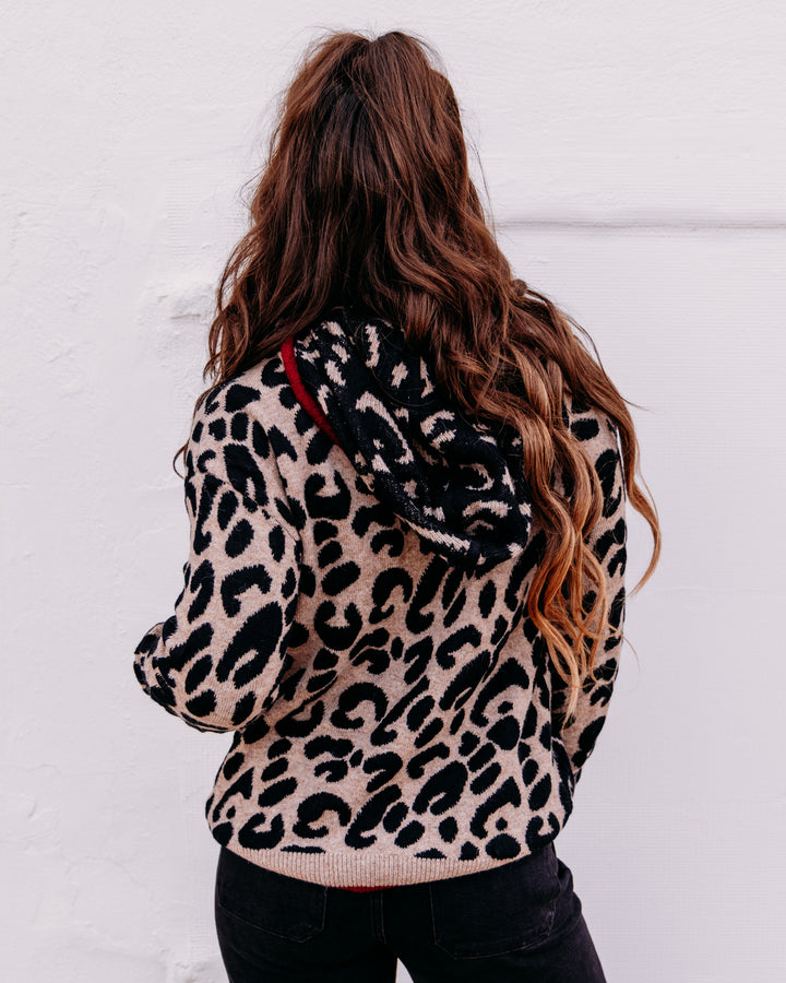 Charlie B: Hooded Sweater In Leopard Jacquard Contrast Trim in Animal (C2436J)