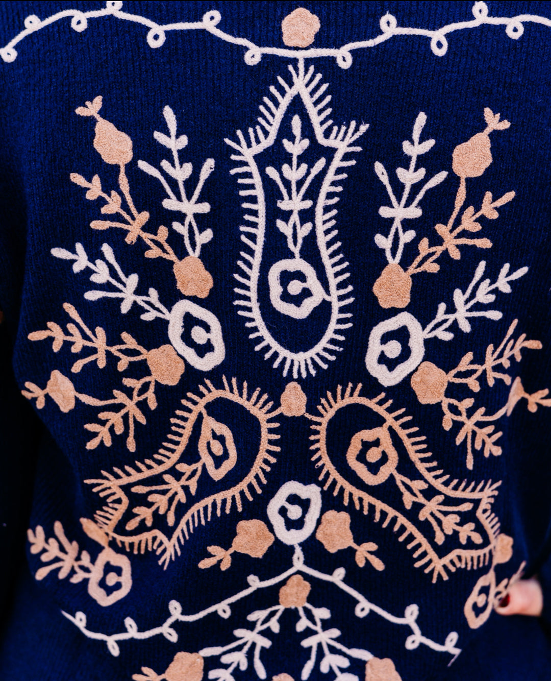 Charlie B: Notched Neck Rib Embroidered Sweater in Navy - The Vogue Boutique