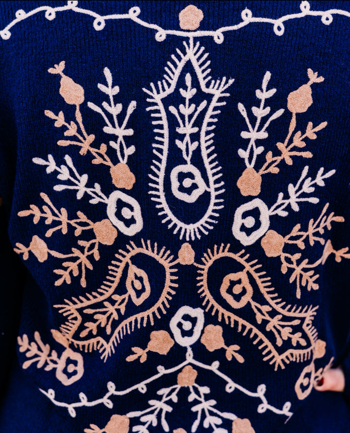Charlie B: Notched Neck Rib Embroidered Sweater in Navy - The Vogue Boutique