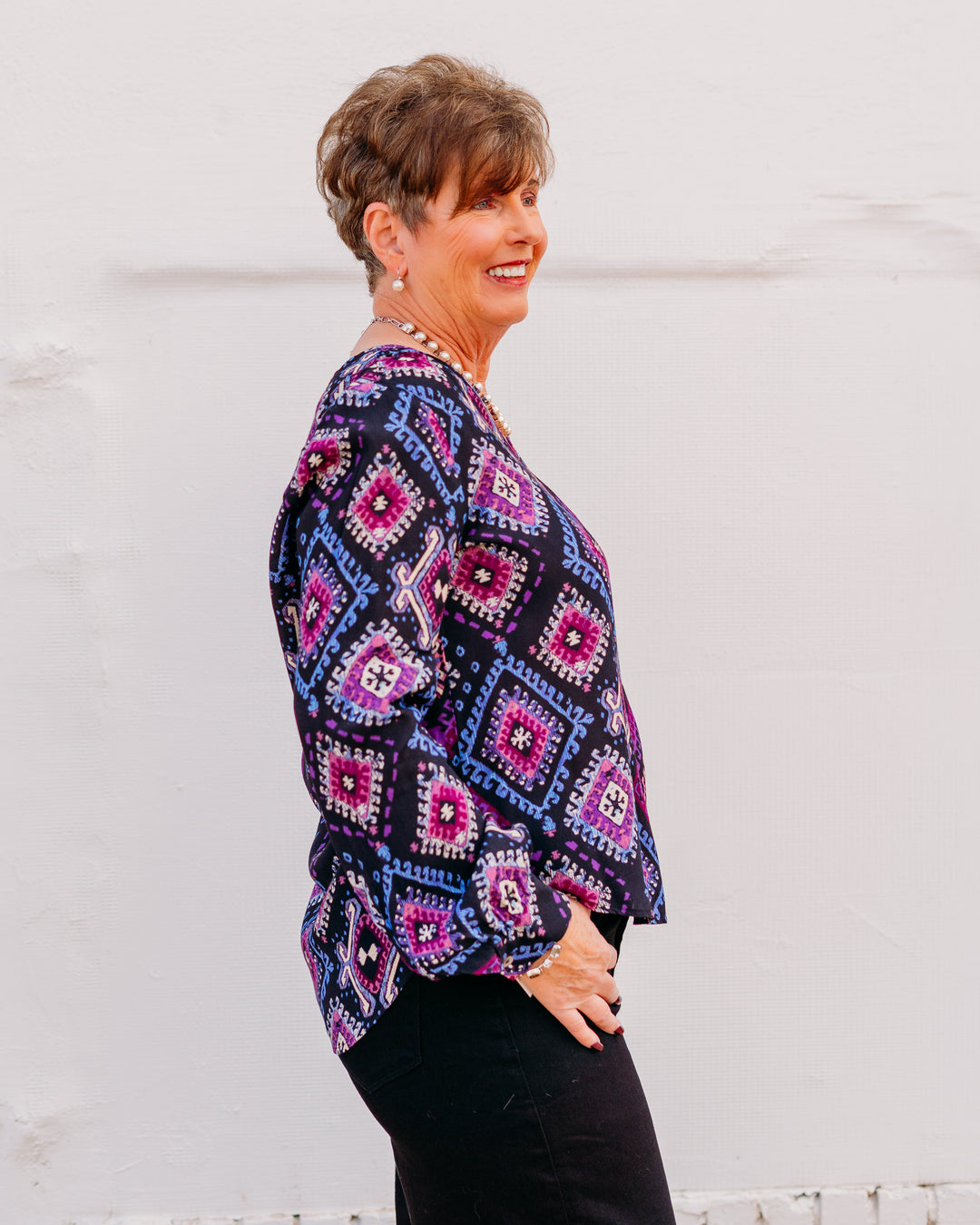 Karen Kane: Long Sleeve Scoop Neck Blouse in Print - The Vogue Boutique