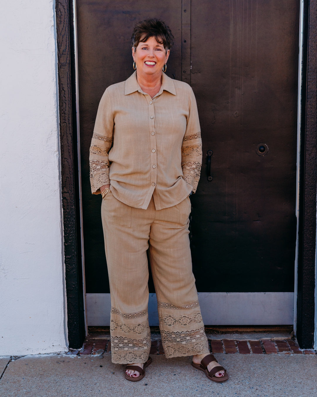 Multiples: Drawstring Elastic Waist P/O 2-Pkt Crop Pant W/Lace Trim in Khaki (M26410PM)
