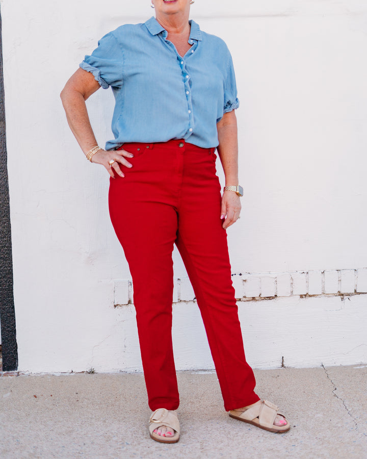 Multiples: Zip Front Ankle Jeans in Red(M35711PM) - The Vogue Boutique