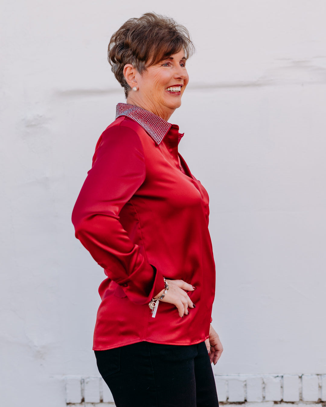 Joseph Ribkoff: Satin Button-Front Blouse with Embellished Collar in Deep Cherry (254926) - The Vogue Boutique