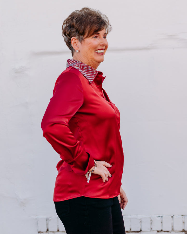 Joseph Ribkoff: Satin Button-Front Blouse with Embellished Collar in Deep Cherry (254926) - The Vogue Boutique