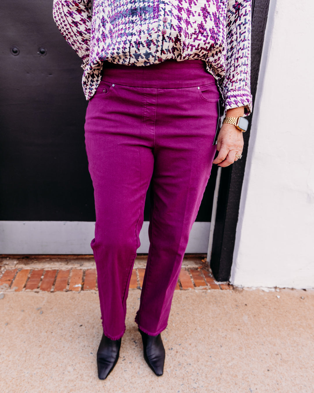 Multiples: Woven Fringe Hem Ankle Pant in Plum (M35714PM)