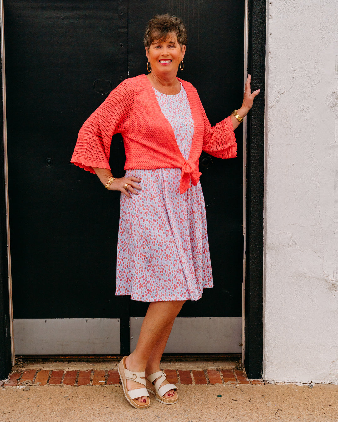 Multiples: 3/4 Sleeve Tie Front Waist Sweater Cardigan in Coral pink (M26105KM) - The Vogue Boutique